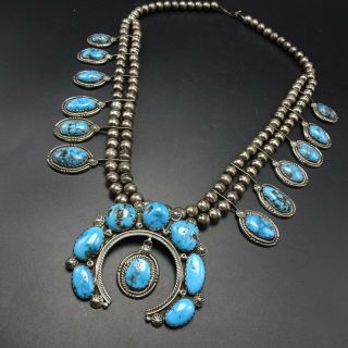 Vintage NAVAJO Sterling Silver BLUE MORENCI Turquoise SQUASH BLOSSOM Necklace 12