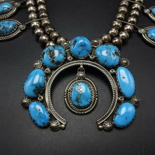 Vintage NAVAJO Sterling Silver BLUE MORENCI Turquoise SQUASH BLOSSOM Necklace 2