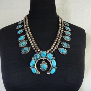 Vintage NAVAJO Sterling Silver BLUE MORENCI Turquoise SQUASH BLOSSOM Necklace 4