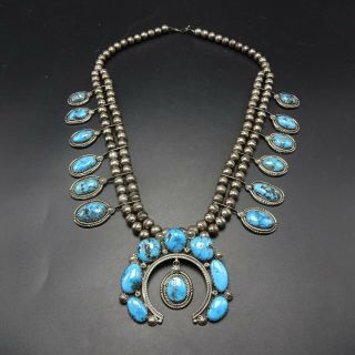 Vintage NAVAJO Sterling Silver BLUE MORENCI Turquoise SQUASH BLOSSOM Necklace 5