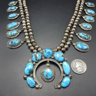 Vintage NAVAJO Sterling Silver BLUE MORENCI Turquoise SQUASH BLOSSOM Necklace 6