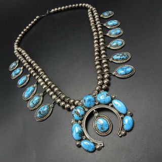 Vintage NAVAJO Sterling Silver BLUE MORENCI Turquoise SQUASH BLOSSOM Necklace 7