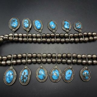 Vintage NAVAJO Sterling Silver BLUE MORENCI Turquoise SQUASH BLOSSOM Necklace 8