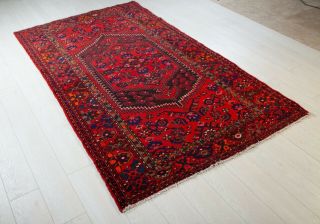 4×9ft Hand - Knotted Vintage Zanjan Tribal Rug Red Handmade Oriental Wool Carpet