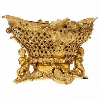 Fine French Rococo Ormolu Bronze Basket Centerpiece With Putti,  Henri Picard