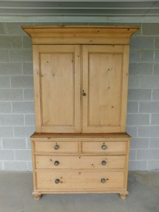 Antique English Victorian Pine Linen Press Armoire Cabinet