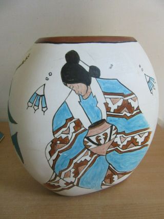 Vintage Navajo Indian Large Painted Pottery Vase Woman With Pot Signed " Chenzo "
