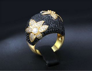 Vintage 1920s Flower Cocktail Ring For Women Black & White Diamond 18k Gold Over