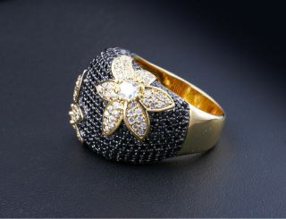 Vintage 1920s Flower Cocktail Ring For Women Black & White Diamond 18k Gold Over 4