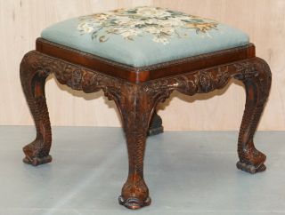 George Ii Hand Carved Mahogany Floral Embroidered Stool For Dressing Table Piano