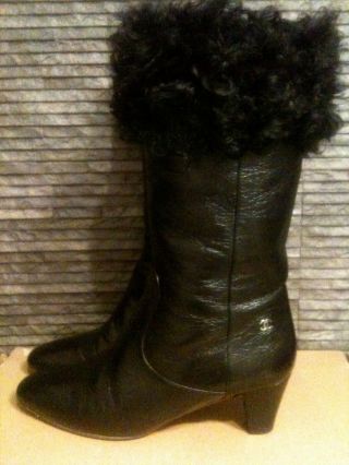 100 Authentic Vintage Chanel Black Leather Boots With Fur Trim Uk 4.  5 Eu 37.  5