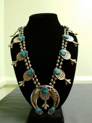 Vintage Turquoise " Bear Paw Style " Squash Blossom Necklace 201 Grams