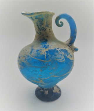 Ancient Roman Aqua Blue Glass Vessel With Handle Circa 200 - 300ad