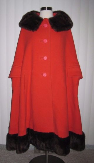 1960s Custom Couture Mink Orange Wool 2 Piece Cape Skirt Set Vintage Retro Mod