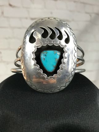 Vintage Navajo Sterling Silver Bear Claw Turquoise Cuff Bracelet Native American
