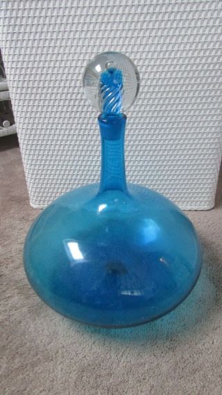 Vintage.  Large Mid Century Modern Blue Art Glass Decanter W/stopper