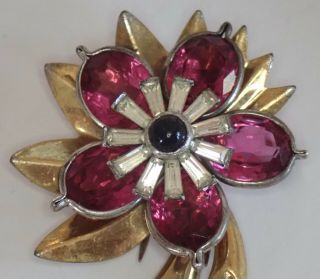 Vtg Unsigned Pennino Gold Plate Ruby Sapphire Crystal Rhinestone Flower Brooch