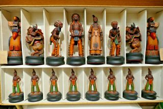 Antique Anri Hand Painted Far West Hand Carved Chess Set