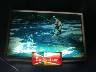 Rare Vintage 1950s Budweiser Guy Fishing Light Up Bar Sign King Of Beers