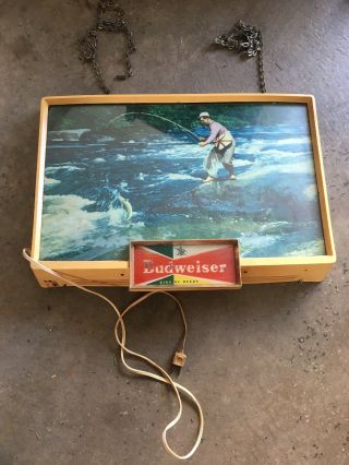 RARE Vintage 1950s Budweiser Guy Fishing Light Up Bar Sign King Of Beers 4