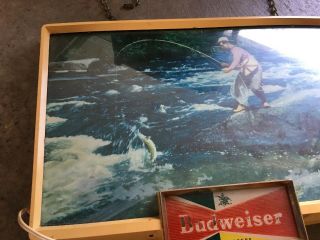 RARE Vintage 1950s Budweiser Guy Fishing Light Up Bar Sign King Of Beers 5