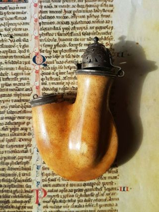 Rare Ancient Meerschaum Pipe : Bowl With Silver Cap And Silver Stem Early 1800 