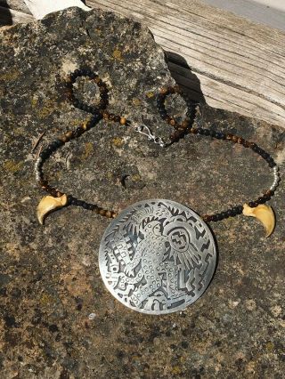 3 1/8 " Aztec Mayan Jaguar Warrior Sterling Vintage Taxco Pendant Necklace