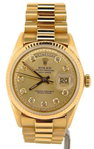 Mens Rolex Day - Date President 18k Yellow Gold Watch Champagne Diamond Dial 1803