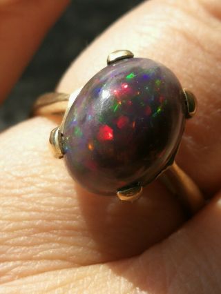 Natural Solid Black Precious Confetti Fire Opal Ring 9ct Gold Size M Rainbow Vtg