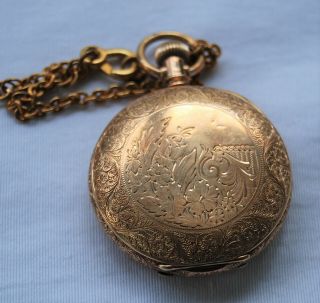 Antique American Watch Co Waltham gold filled pocket watch with chain - 6