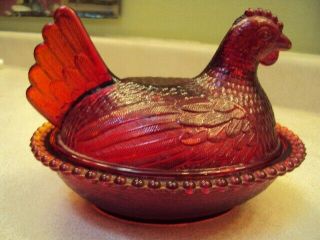 Vintage Indiana Glass Red Chicken Hen On Nest Candy Dish Rare Sought After Color
