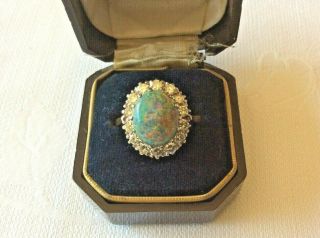 Certified & Exquisite Antique 18ct Gold 16 Diamond & Oval Opal Ring 0.  70cts.