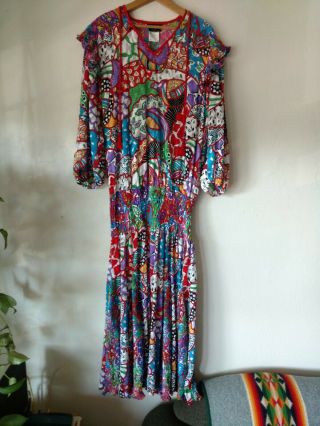 Vtg Diane Freis Maxi Dress Georgette Prairie Bold Burn - Out Sheer Mixed Print L