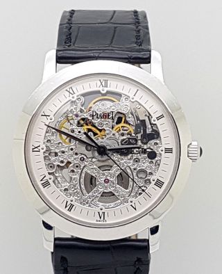 Fine & Rare 18k White Gold Piaget Altiplano Skeleton Automatic Watch Ref 26930