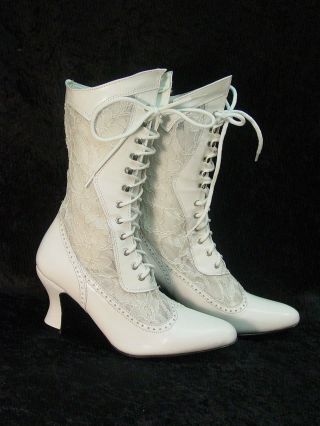 Oak Tree Farms White Lace And Leather Vesper Old West Granny Vintage Boots