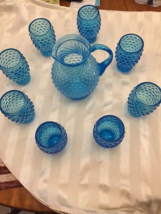 Vintage Fenton Hobnail Blue Opalescent Pitcher With 8 Footed Iced Tea Glasses