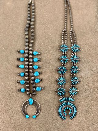 Vintage Large Navajo & Zuni Sterling Silver & Turquoise Squash Blossom Necklaces