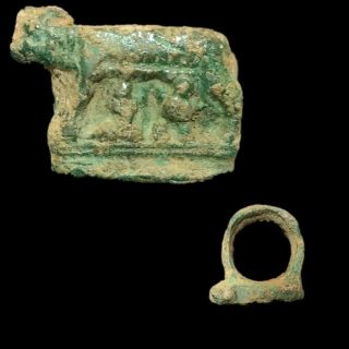 Very Rare Ancient Roman Bronze Ring Of Romulus And Remus,  1st Century Ad