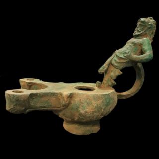 RARE ANCIENT ROMAN BRONZE DOUBLE SPOUTED,  SINGLE STATUE OIL LAMP - 200 - 400 AD (1 2