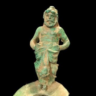 RARE ANCIENT ROMAN BRONZE DOUBLE SPOUTED,  SINGLE STATUE OIL LAMP - 200 - 400 AD (1 3