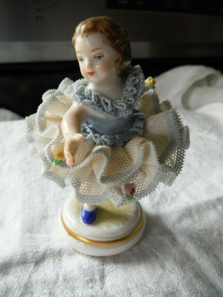 Antique Vintage Irish Dresden Mv Porcelain Figurine Dancer Annie Lace Skirt - Exc