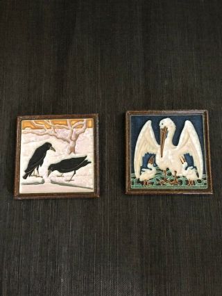 Vtg Pair Arts & Crafts Cloisonne Delft Tiles Pelicans & Two Ravens 1930 