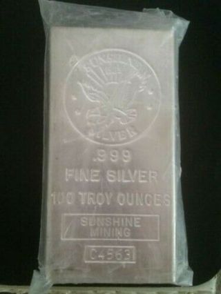 100 Oz.  Silver Bar Vintage 1983 Sunshine Mining.  999 Fine Silver Serial C4563