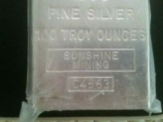 100 oz.  Silver Bar Vintage 1983 Sunshine Mining.  999 Fine Silver Serial C4563 2