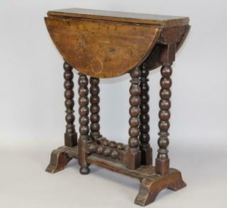 A RARE PILGRIM 17TH C HUDSON VALLEY TRESTLE FOOT - BALL TURNED TUCK AWAY TABLE 2
