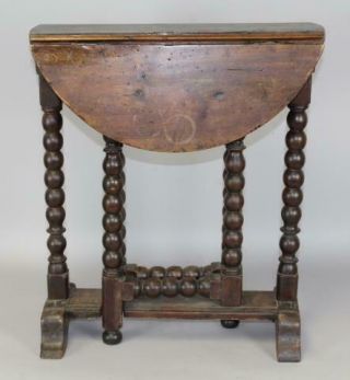 A RARE PILGRIM 17TH C HUDSON VALLEY TRESTLE FOOT - BALL TURNED TUCK AWAY TABLE 3