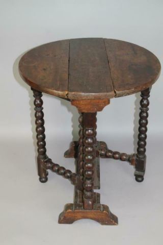 A RARE PILGRIM 17TH C HUDSON VALLEY TRESTLE FOOT - BALL TURNED TUCK AWAY TABLE 4