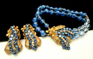 Rare Vintage Signed Miriam Haskell Blue Crystal Rhinestone Bracelet Earring Set