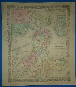 Vintage 1856 Boston,  Massachusetts Map Old Antique Colton 