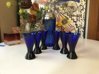 Vintage Art Deco Cobalt Blue Cocktail Shaker,  6 Martini Glasses Mid Century Bar